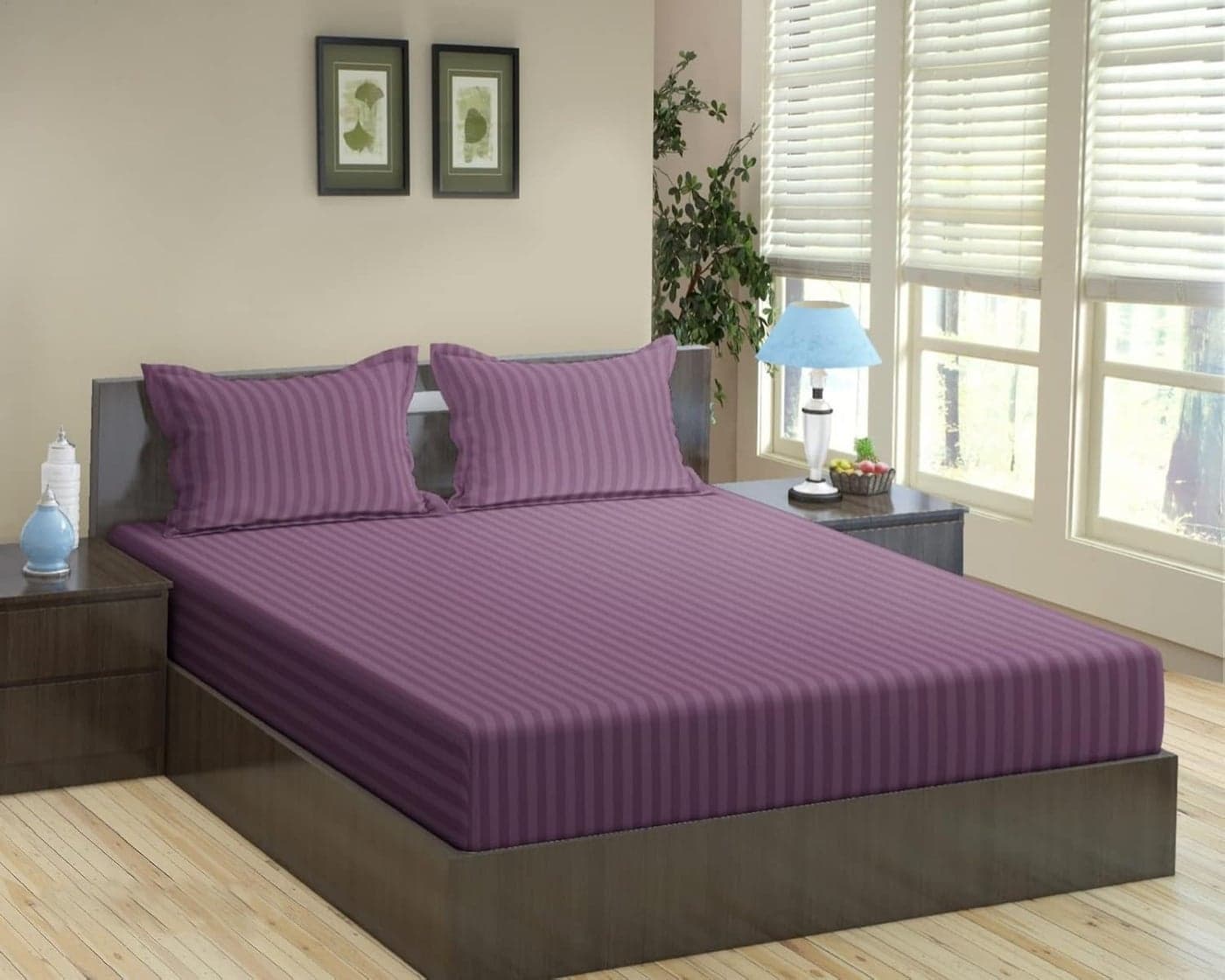 Trance Home Linen 100% Cotton 78x66 inch 200TC Satin Stripe Elastic Fitted Bedsheet | Daily Use Double Bed Fitted Bedspread with 2 Pillow Covers (78"x66"| 6.5x5.5 feet, Plum)