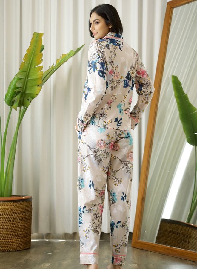 Floral Print Cotton Shirt And Pyjama Set