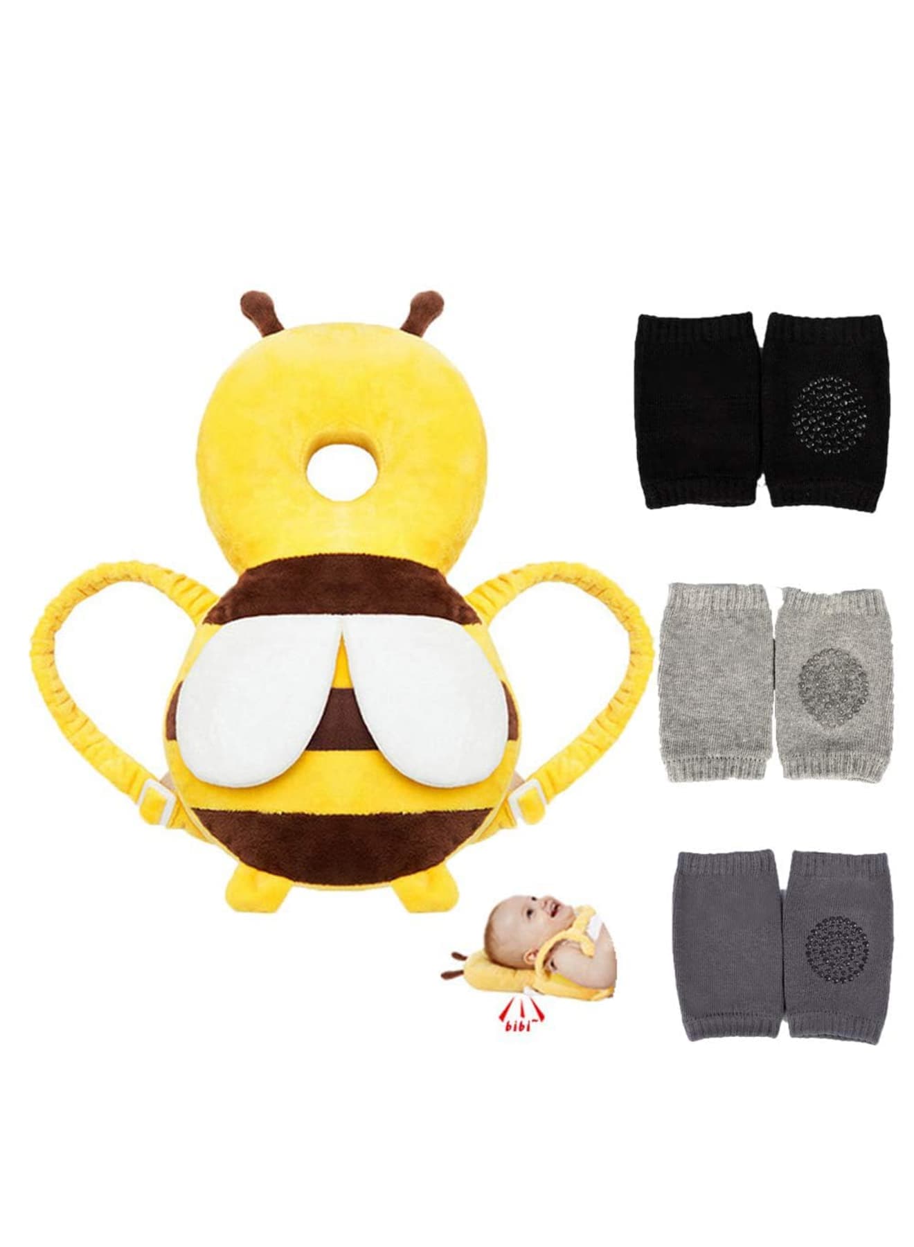 Baby Head Protector Cushion Backpack, with 3 Knee Pads Adjustable Head Protection Pillow, Soft Anti-Fall Cushion for Walking and Crawling Stage, Infants Toddlers Safety Support, Bee