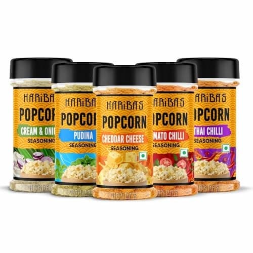 HARIBAS Combo Pack Of 5 Pop Corn Seasoning Powder | Tasty Powder 50 G Each Sprinkle On Maggie/French Fries | Cheddar Cheese Cream Butter & Onion Tomato Chilli Thai Pudina For Popcorn Nacho
