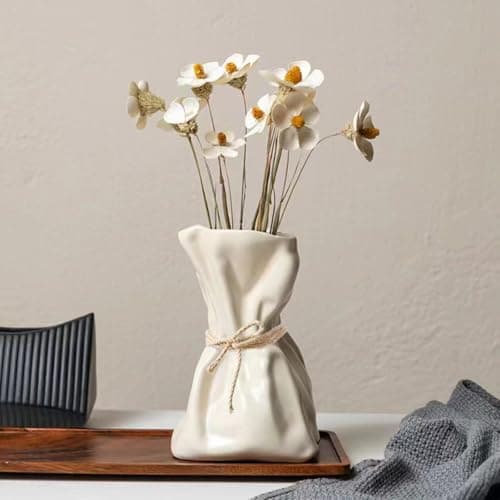 FOWSEEK 6IN Cream Ceramic Vase, Irregular Flower Vase Modern Art Decorative Vase for Flowers, Unique Paper Bag Vase for Home Office Centerpieces Entryway Bookshelf Living Room Table Decor