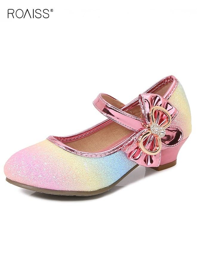 Girls Stylish Dress Shoes, Low Heels Mary Jane Shoes with Bowknot, Shiny Princess Shoes with Adhesive Velcro Design, Suitable for Parties, Weddings, School, Daily wearing or Other Occasions
