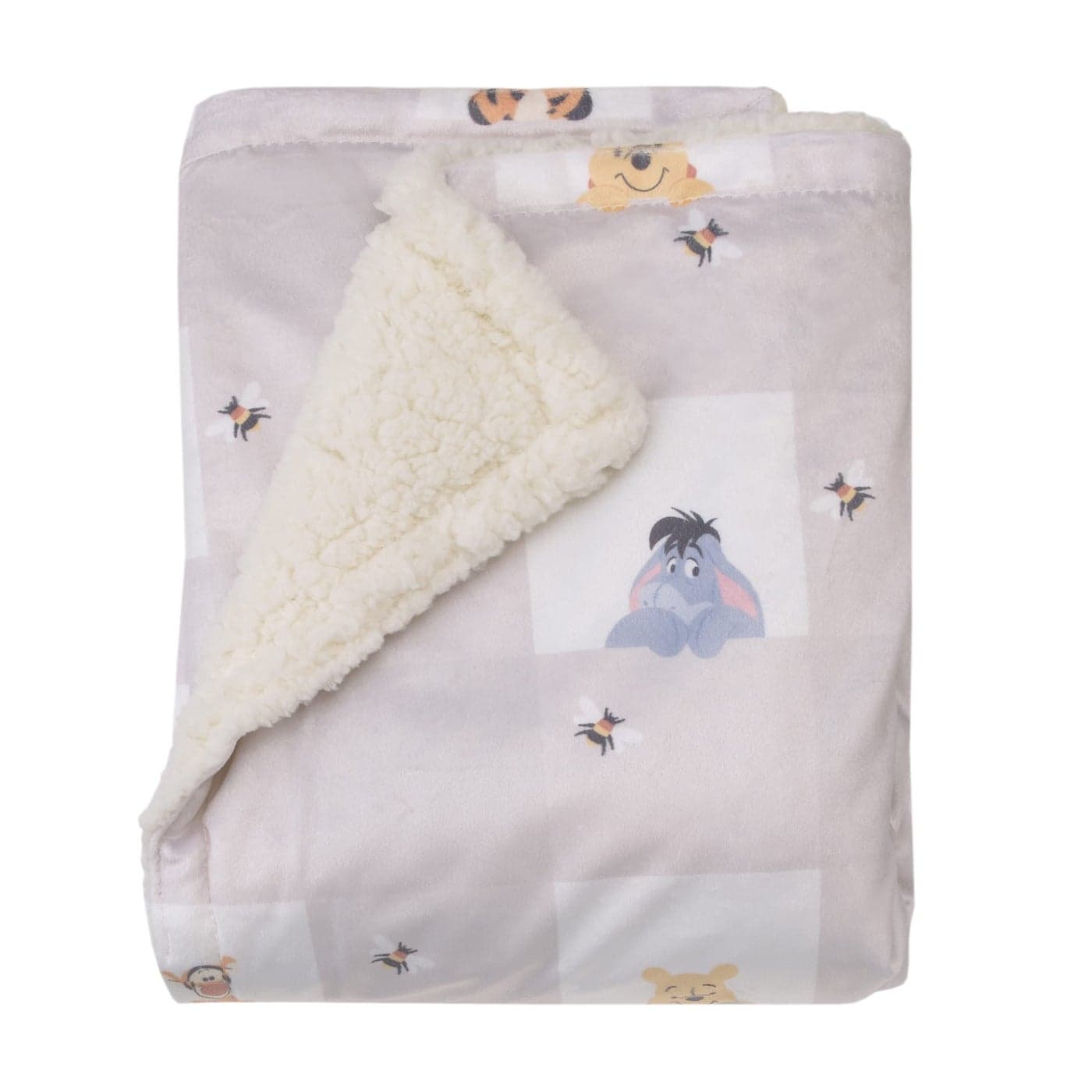 Disney Winnie The Pooh Hugs and Honeycombs Grey and White Plaid with Piglet Tigger and Eeyore Super Soft Sherpa Baby Blanket