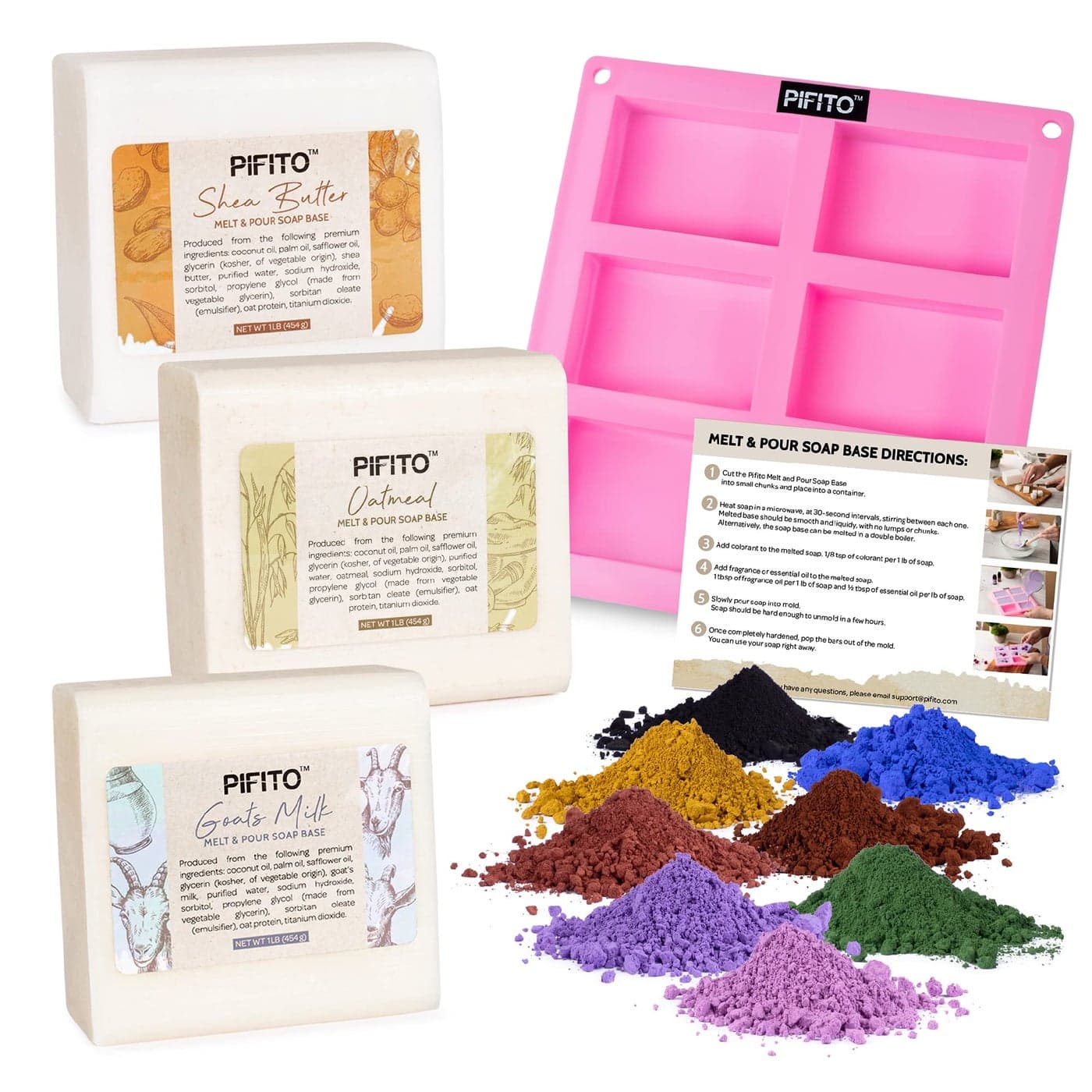 Pifito Soap Making Kit DIY Soap Making Supplies 3 lbs Melt and Pour Soap Base Shea Butter Goats Milk Oatmeal 8Pack Oxide Pigment Colorants Sampler Mold and Instructions