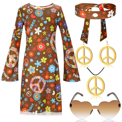 Heentan 6 Pcs Hippie Costume for Girls 70s 60s Dress Outfits for Halloween Boho Cosplay Party(Funny Style,Small)