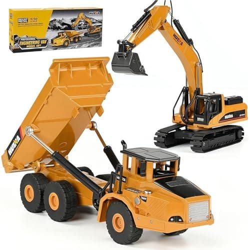 Qcar Construction Dump Truck Excavator Toys Heavy Duty Alloy Construction Vehicles 150 Scale Diecast Site Digger and Dumper Set Toy Trucks for Kids 89101112 Year Old and up2Pcs