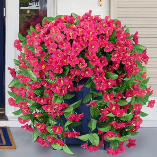 Artificial Hanging Flowers for Outdoors, 2 Pack UV Resistant Fake Flowers Rose Red Silk Morning Glory Faux Petunias Hanging Artificial Plants Trailing Vines for Home Porch Garden Planter Decor