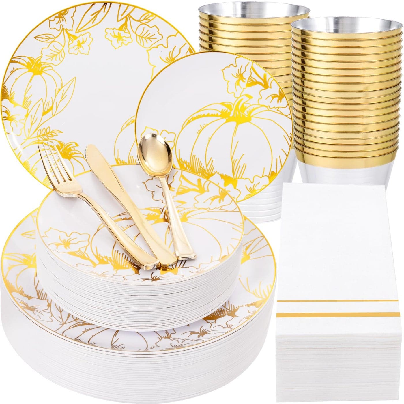 Liacere 175PCS Thanksgiving Plates Gold Pumpkin Plastic PlatesThanksgiving Plastic Plates and Napkins Sets Include 50 Plastic Plates75 Thanksgiving Dinnerware25 Gold Cups 25 Napkin