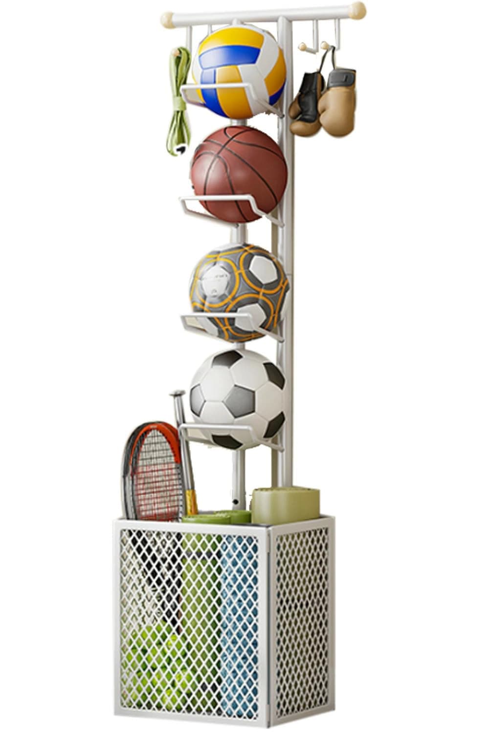 ARHAT ORGANIZERS Sports Ball Rack & Stand | 4-Tier Portable Organizer with Basket | Holds Football, Basketball, Volleyball, Tennis Rackets & Cricket Bat | Freestanding Garage Storage (White)