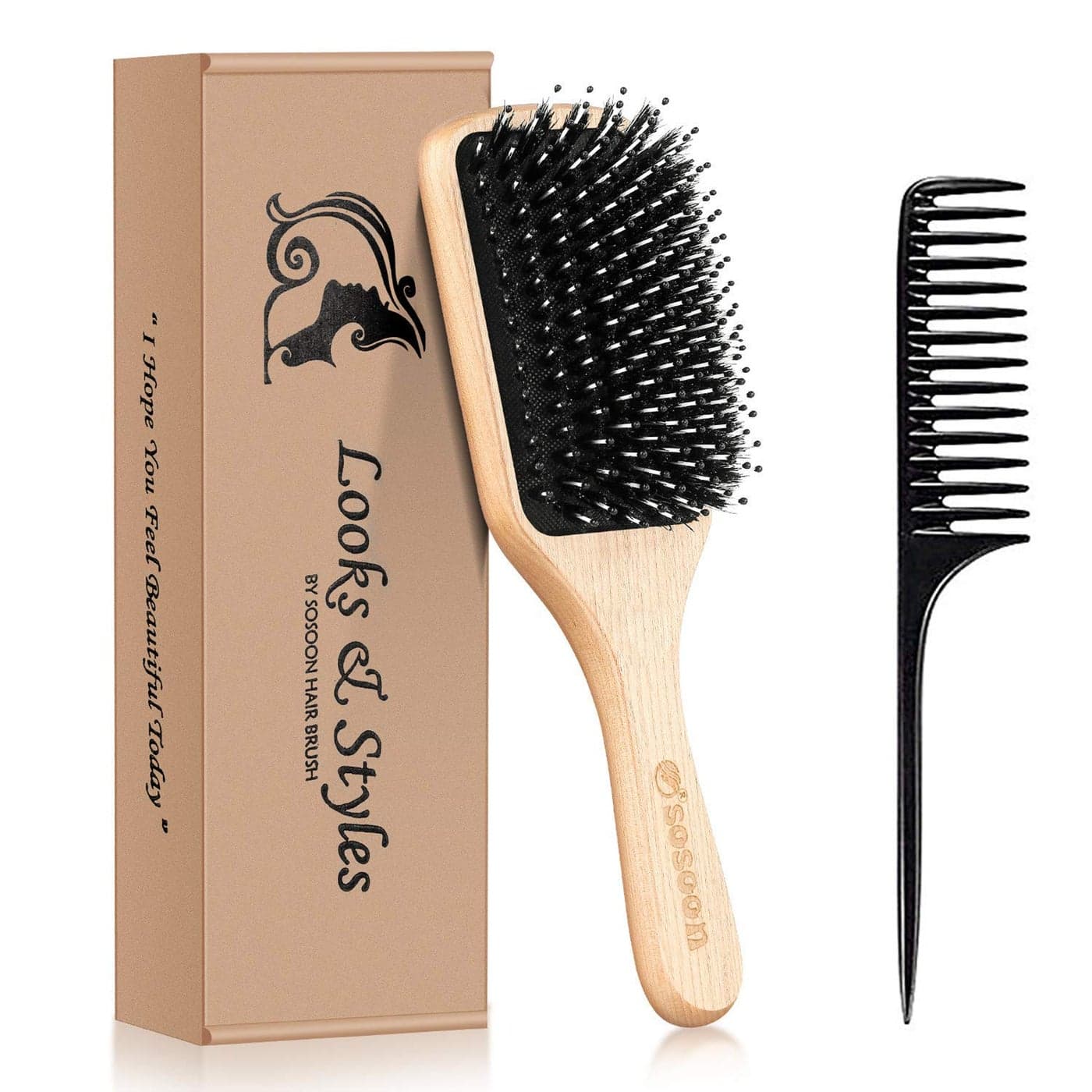 Hair Brush Sosoon Boar Bristle Paddle Hairbrush for Long Short Thick Thin Curly Straight Wavy Dry Hair for Men Women Kids No More Tangle Giftbox Tail Comb Included