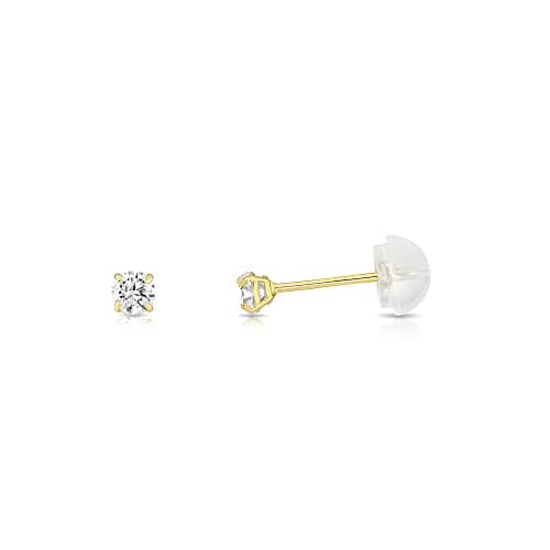 14k Yellow Gold Solitaire Round Cubic Zirconia Stud Earrings with Silicone Pushbacks (2.5mm)…