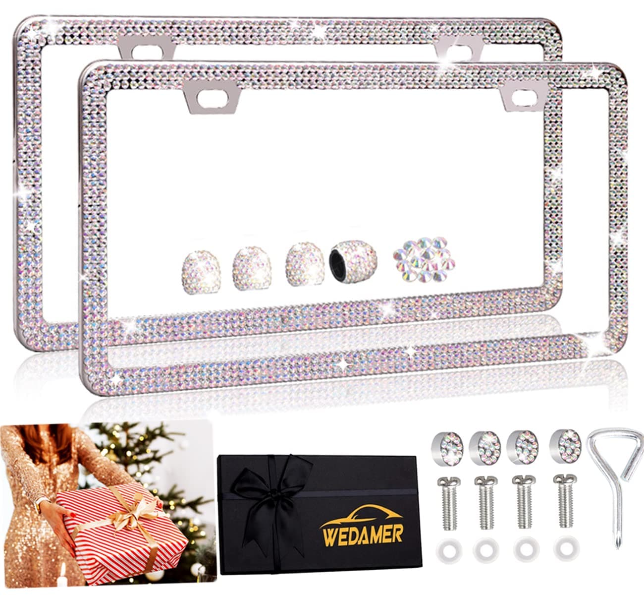 WEDAMER Bling License Plate Frames for Women, 2 Pack Rhinestone License Plate Frame Sparkly License Plate Frame Diamond License Plate Frame Glitter Bedazzled License Plate Frame Cover Holder Girly