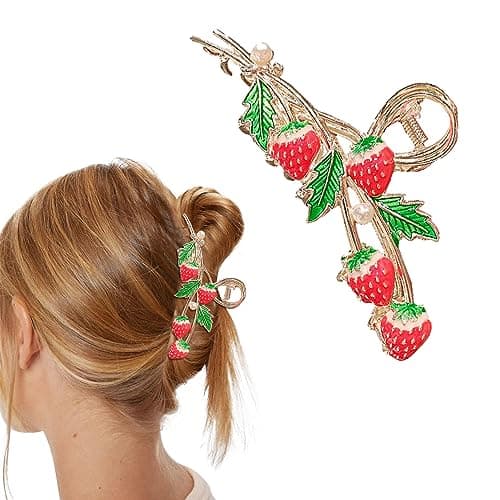 AEGYPIUS Strawberry Hair Clips, 4.5 inches Metal Strawberry Hair Clip Large Strawberry Claw Clip, Non Slip Strong Hold Strawberry Hair Accessories Cute Strawberry Clips for Thick Hair for Women
