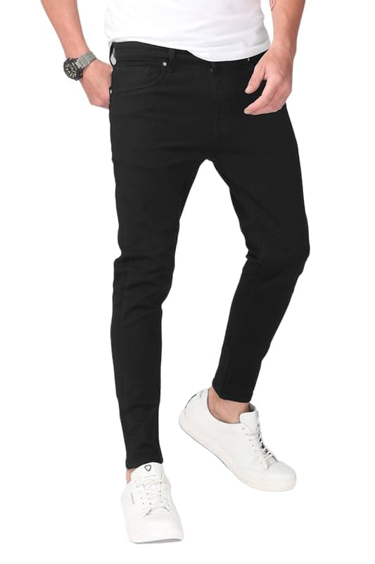 SNITCH Men's Plain Jeans | Casual Wear| College Wear Streetwear Style | Cotton Skinny Fit Button Black
