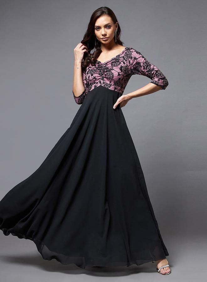 Miss Chase Floral Mesh Insert A-Line Maxi Dress