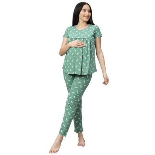 DZZO New Women's Cotton Printed Maternity Night Suit | Comfortable Feeding Night Dress | for Breathable Nursing Pajama Set | Color - Green, Size - L