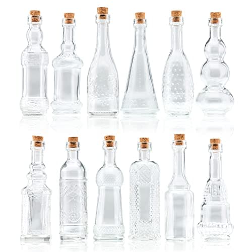 BULK PARADISE Small Mini Clear Vintage Glass Bottles with Corks, Mini Vases, Decorative, Potion, Assorted Design Set of 12 pcs, 4.6 Inch Tall (11.43cm), 1.4 Inch Wide (3.56cm)