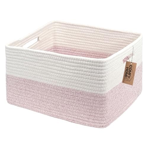 COMFYHOMI Cotton Rope Woven Basket with Handles for ShelvesToysBook Cloth Storage Baskets for Organizing17 x 13 x 75 Toy Decorative Organizer for Living Room Bathroom whitepink