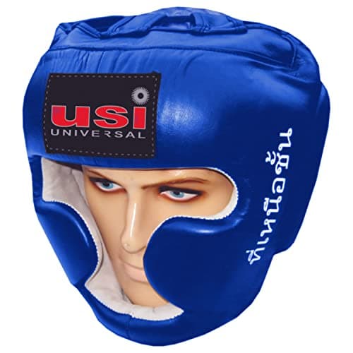 USI UNIVERSAL Boxing Headguard, 8002 Muay Thai Head Guard, Traditional Style, Extra Padding, Top Grain Hide Leather, Hand Crafted Shock Absorbent Padding, Lace Closure(Size L, Blue)