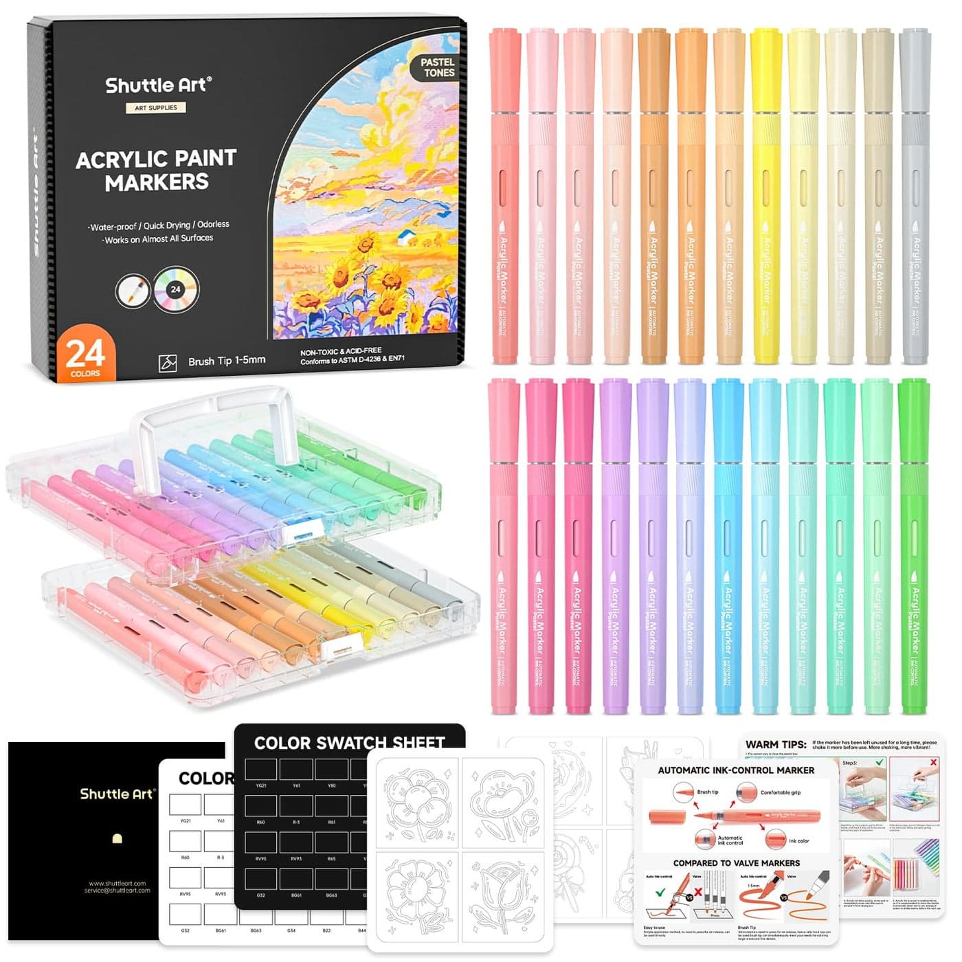 Shuttle Art Automatic Ink Control Acrylic Paint Markers 24 Pastel Colors Brush Tip Acrylic Paint Pens for Rock Painting Ceramic Wood Canvas Glass Stone Fabric Card Making DIY Art Supplies