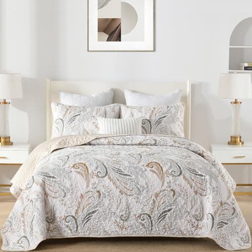 WONGS BEDDING Boho Quilt Set King SizeBeige Paisley Floral Pattern Bedspread Coverlet Set with 2 PillowcasesLightweight Microfiber Bohemian Quilt Bedding Set 10490