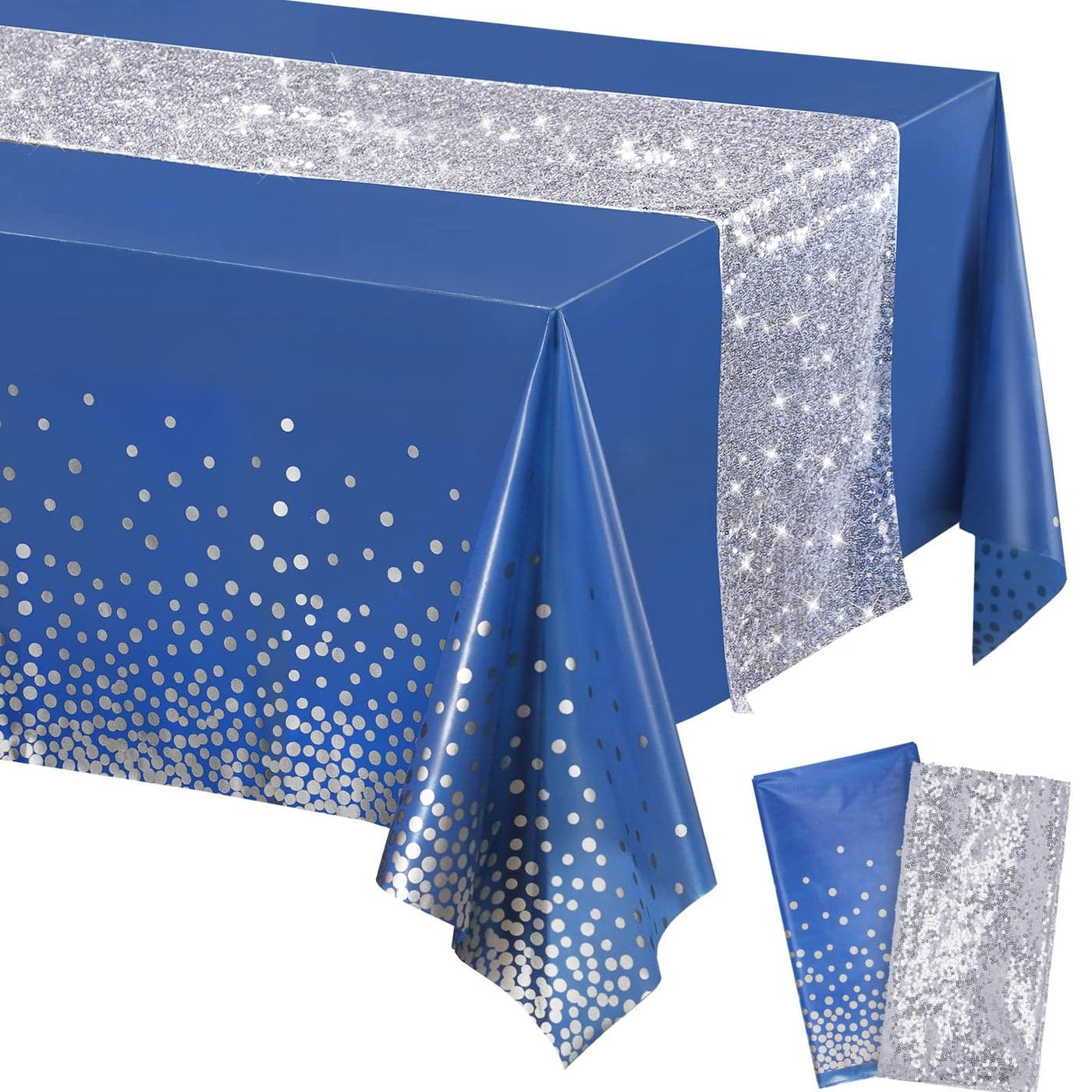 Tablecloth and Sequin Table Runner Set Polka Dots Confetti Table Cover Dining Plastic Table Cloths Glitter Decorations for Birthday Wedding Anniversary Party Supplies Blue Silver 2 Pcs