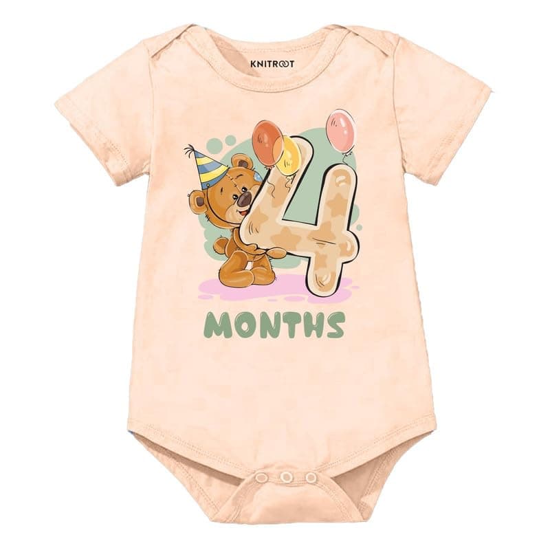 KNITROOT Monthly Birthday Teddy Special Newborn Baby Peach Color Half Sleeve Unisex 100% Cotton Romper, Sleepsuit, Body Suit, Envelope Neck, 4 Months Print, 3-6 Months, Infant Cloth for Boys & Girls
