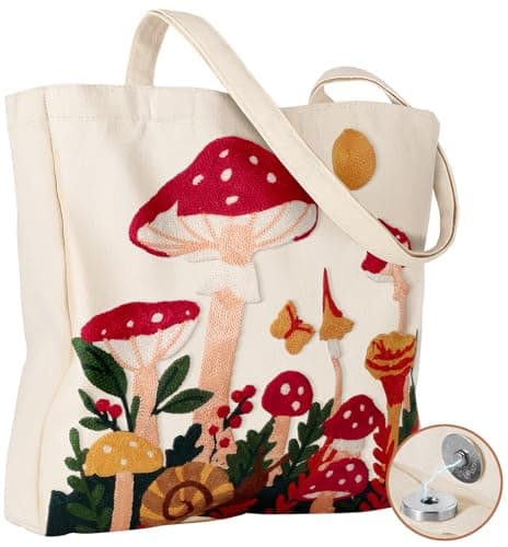 Miss Adola Embroidery Canvas Tote Bag for Women - Reusable Totes with Magnetic Buckle Cute Aesthetic Designer Shoulder Bags for Shopping Grocery Daily Work, Mushroom Moon