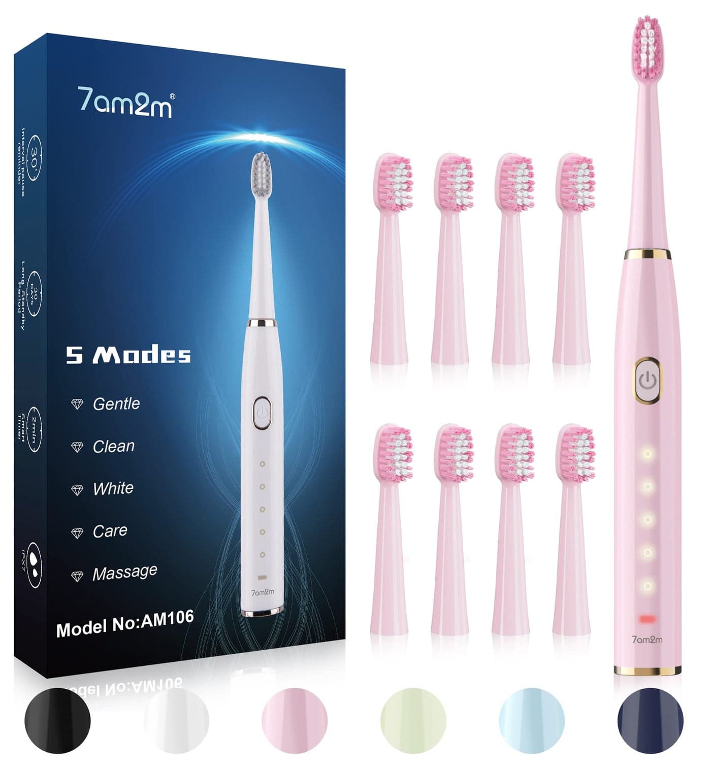 7AM2M Sonic Electric Toothbrush for Adults and Kids- High Power Rechargeable Toothbrushes with 8 Brush Heads,5 Adjustable Modes, Built-in 2-Minute Smart Timer,4 Hours Fast Charge for 30 Days(Pink)