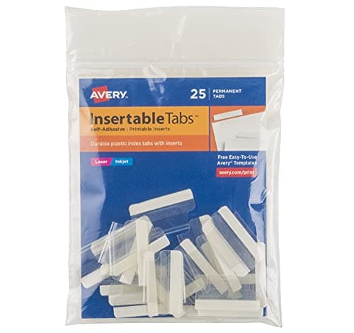 Avery Insertable Self-Adhesive Tabs with Printable Inserts, 1", Permanent Adhesive, Clear, Pack of 25 Index Tabs (16221)