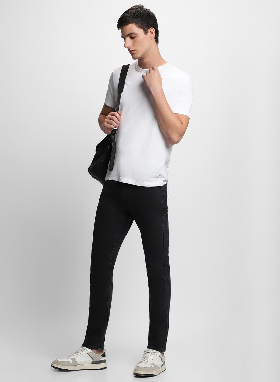 Slim Fit Black Men's Cotton Poly Stretch Jeans with Button & Zip Closure