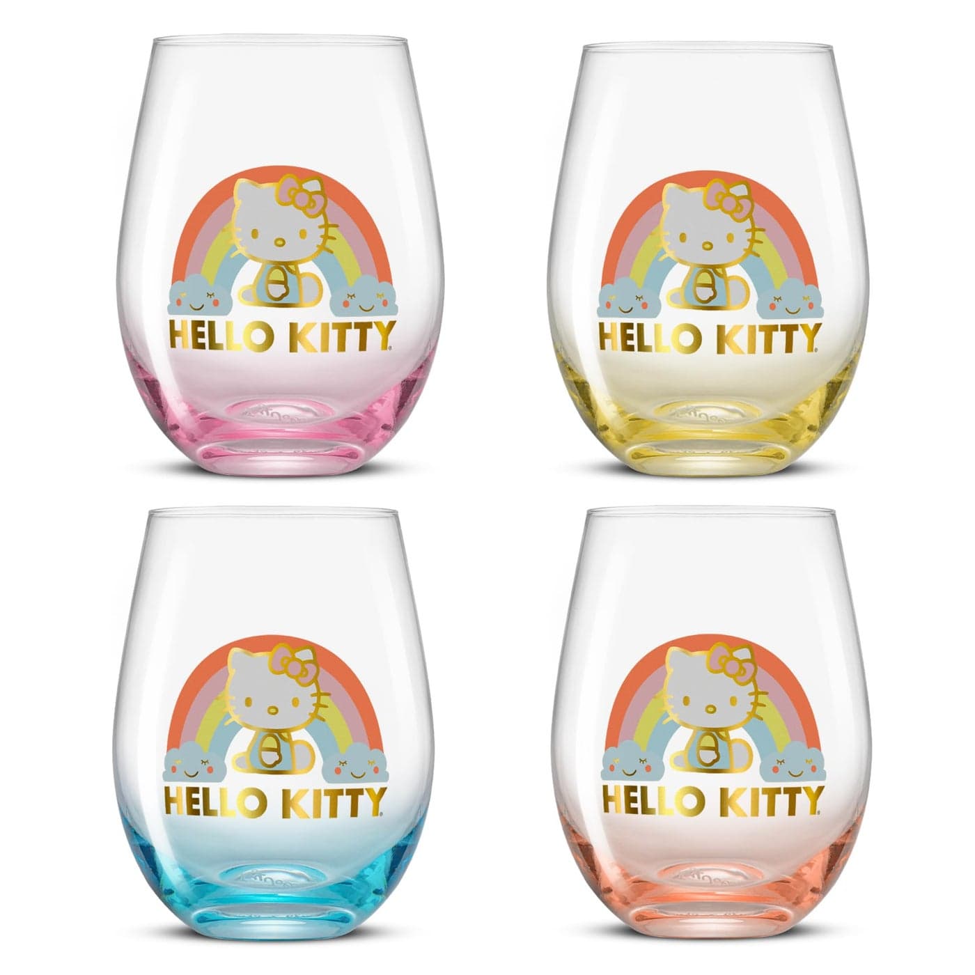JoyJolt Hello Kitty Sweet Rainbow Stemless Drinking Glasses Set of 4 19oz Glass Cups Kawaii Kitchen Glassware Sets Sanrio Hello Kitty Merch Teardrop Tumblers for Water Juice Coffee Iced Tea