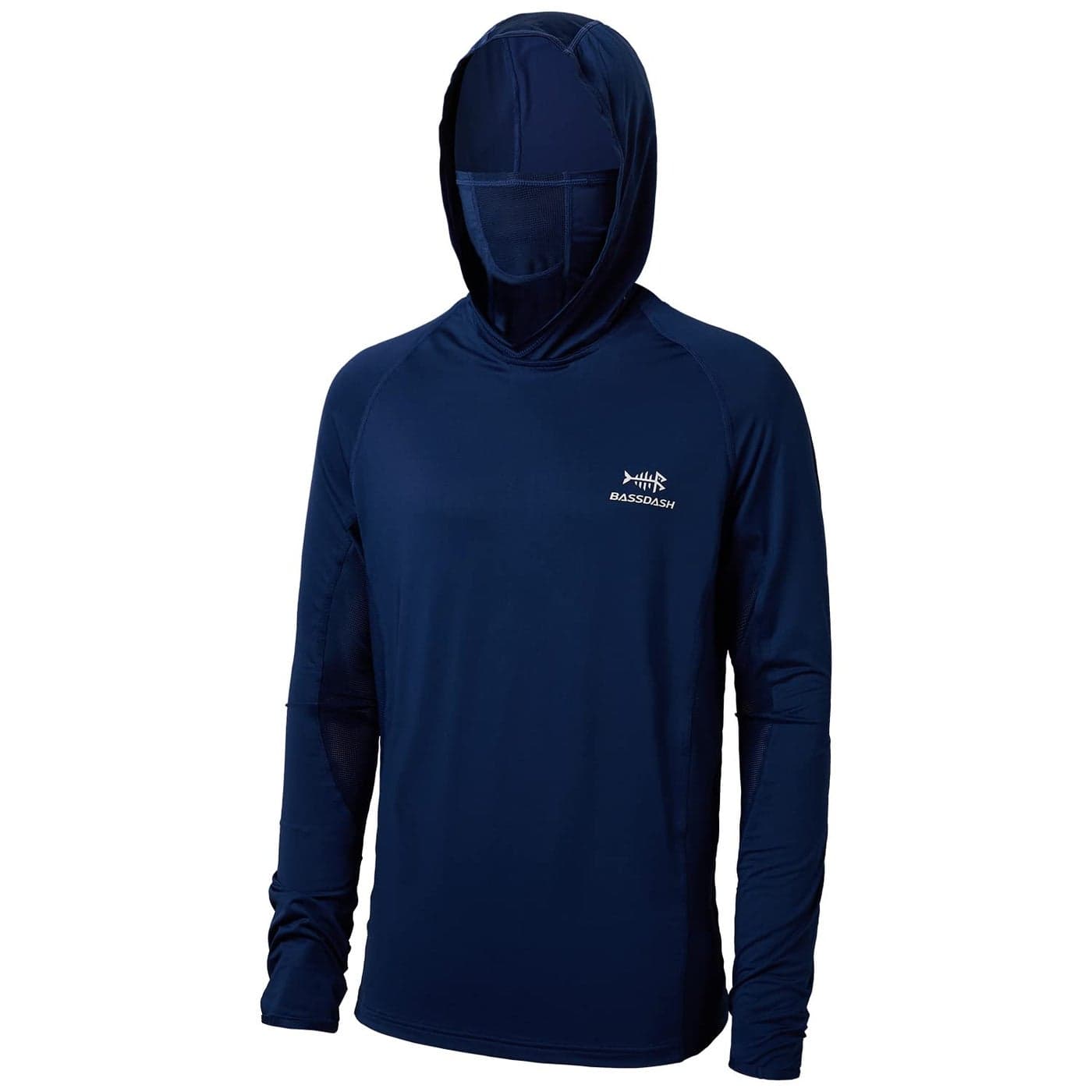 BASSDASH UPF 50 Mens Long Sleeve Fishing Shirt with Mask UV Neck Gaiter Hoodie Dark Blue