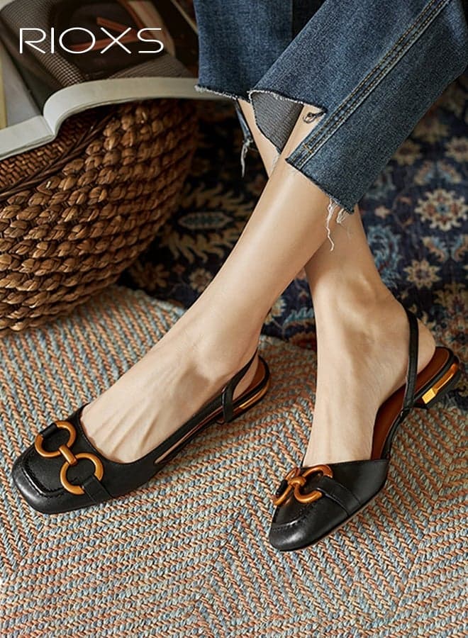 Women's Closed Square Toe Sandals, Vintage Slingback Mary Jane Shoes, Lightweight Backless Sandals with Metal Buckle, Slip-on Ankle Strap Low Block Heel Dress Sandals for Ladies, Elegant Low Heel Work Shoes for Dating, Commuting, Travel, Party and More, Black