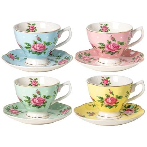 BTaT- Floral Tea Cups and Saucers, Set of 12, 8 oz, Fine Porcelain Teacup Set with Gold Trim for Afternoon Tea, Weddings, Parties & Gifting, Dishwasher Safe, Lightweight, Non-Toxic, Mothers Day Gift