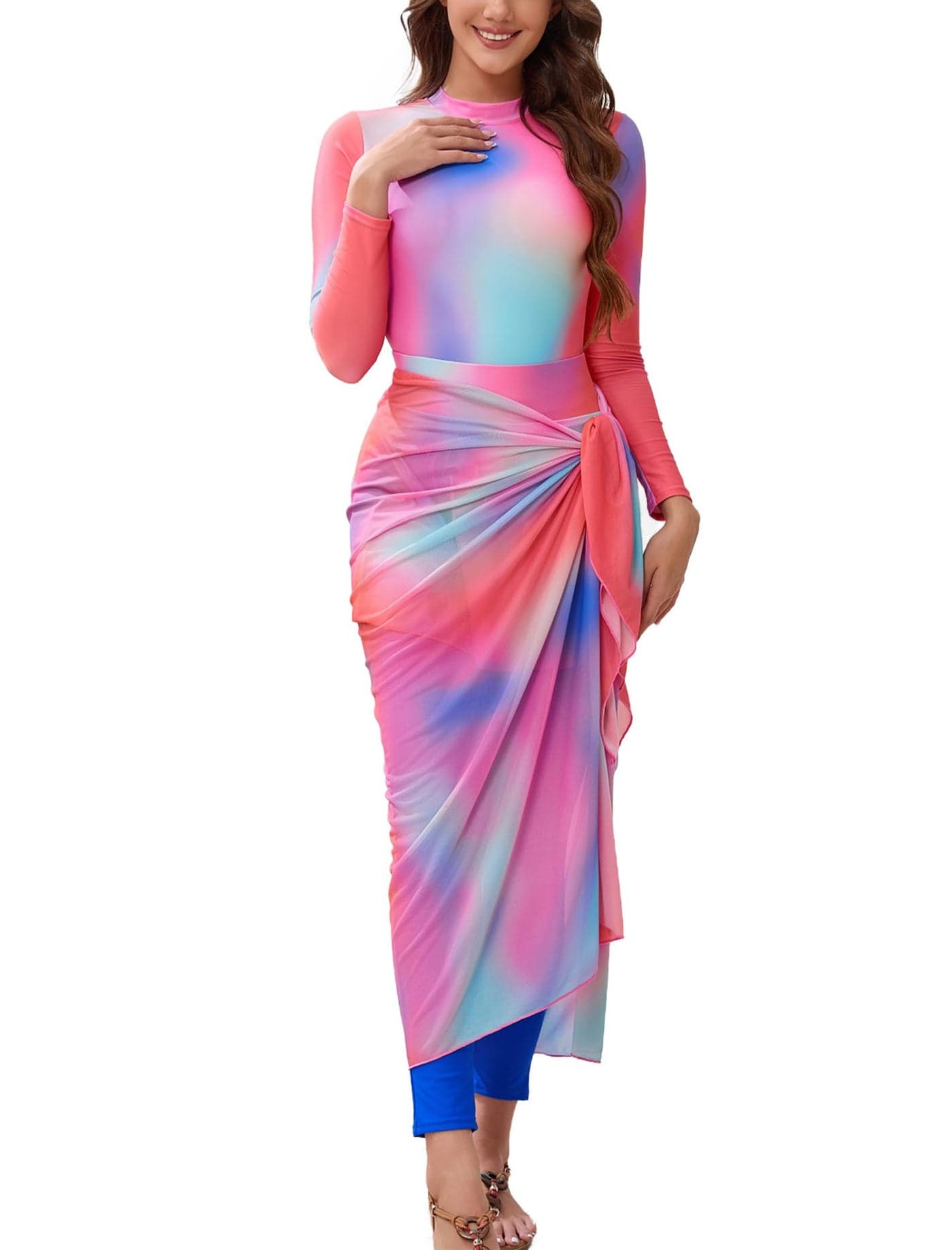 Muslim Swimsuits for Women Swimsuit with Sarong Set One Piece Bathing Suit Rash Guard Burkini for Woman Modest Swimwear for Women Muslim with Skirts Pants for Surfing Diving Colorful Long Sleeve XL
