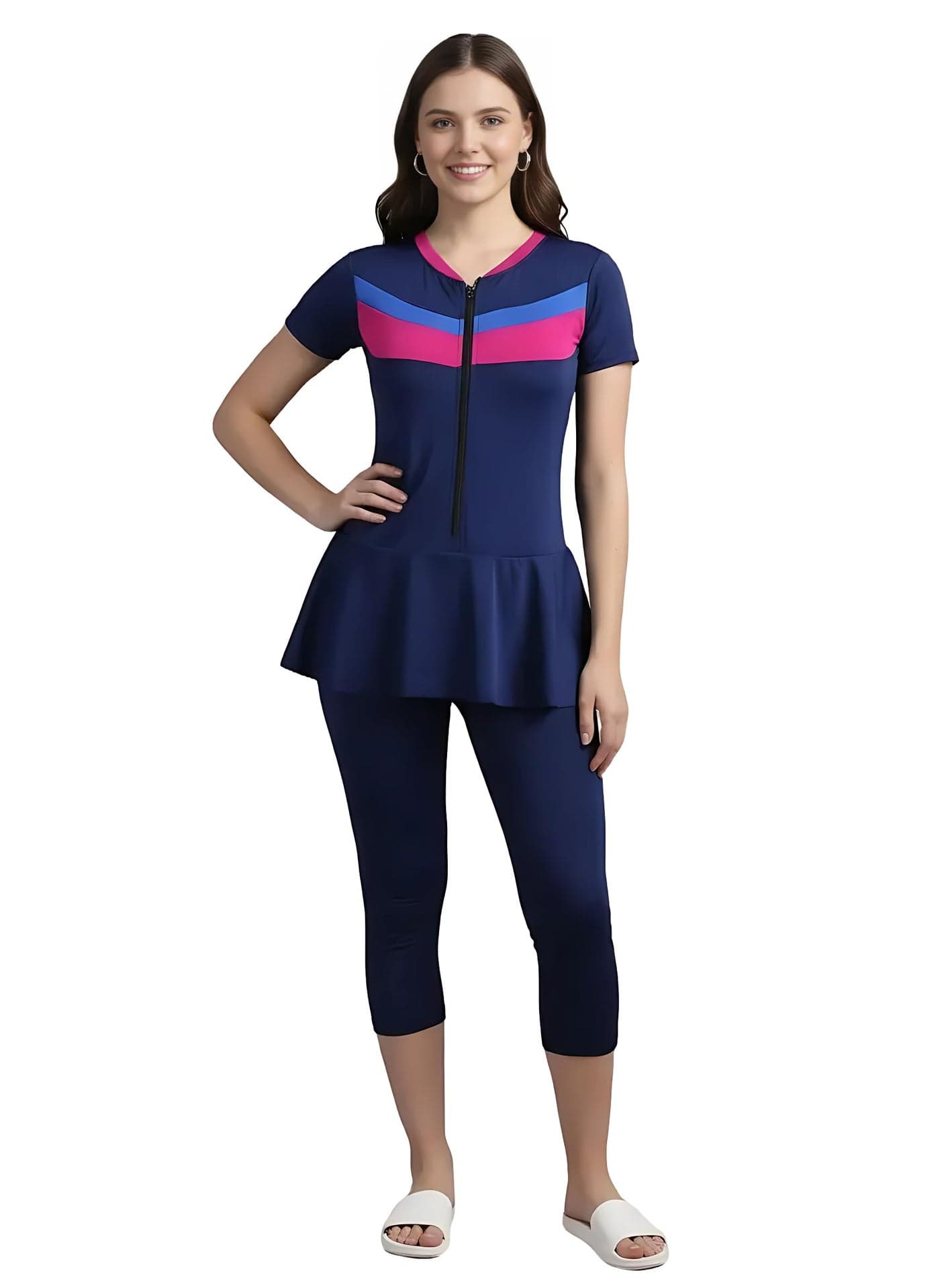 N-Gal Women Front Zip Frock Style Knee Length Padded One Piece Swimming Costume |Swimsuit Set for Women|NavyBlue|M