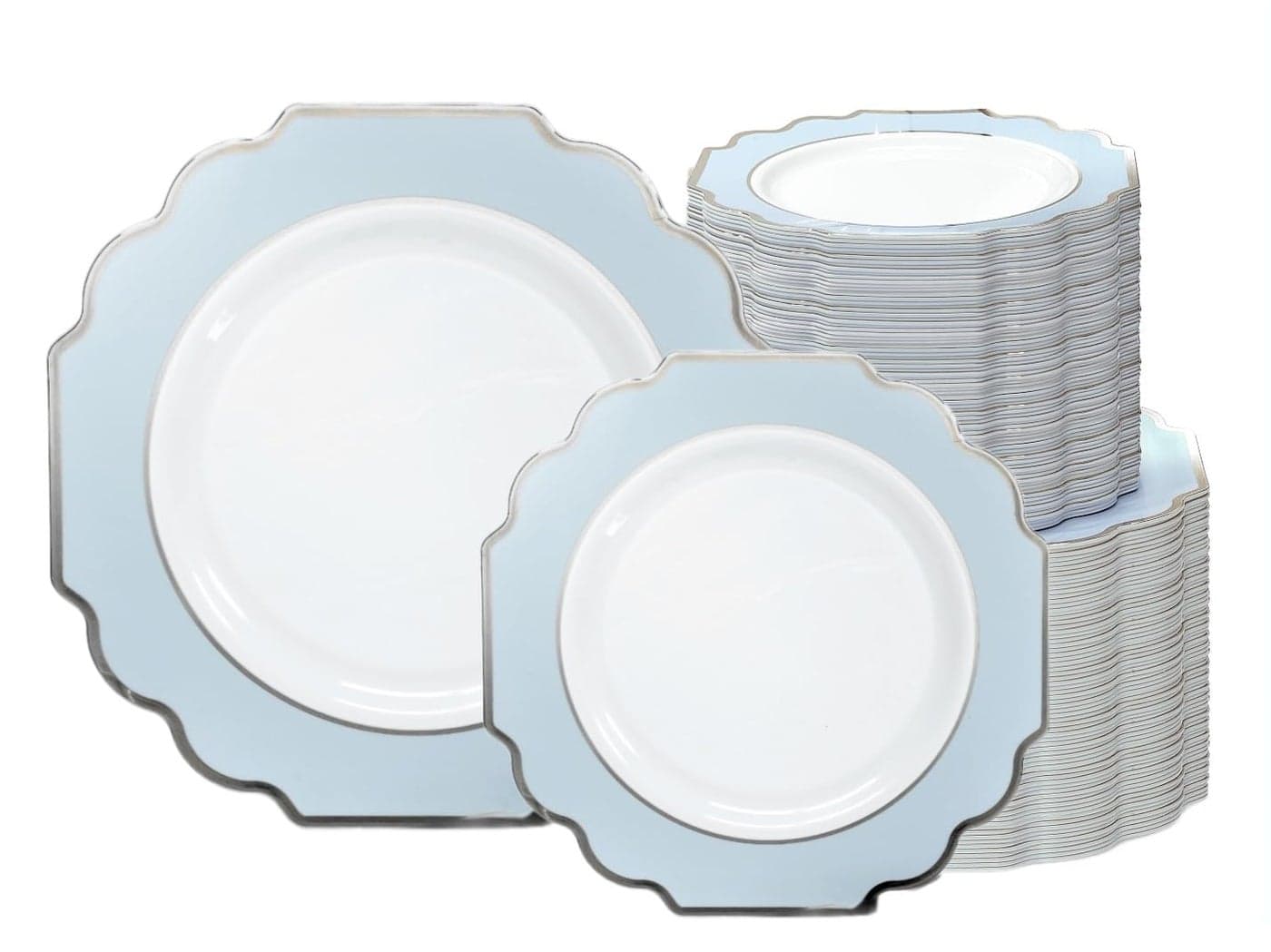 OCCASIONS 240 Heavyweight Disposable Plastic Plates (120 Guests) - Fancy Wedding Party Dinnerware, 120 Each 10.5" Dinner & 8" Dessert (Imperial in White/Blue & Silver)