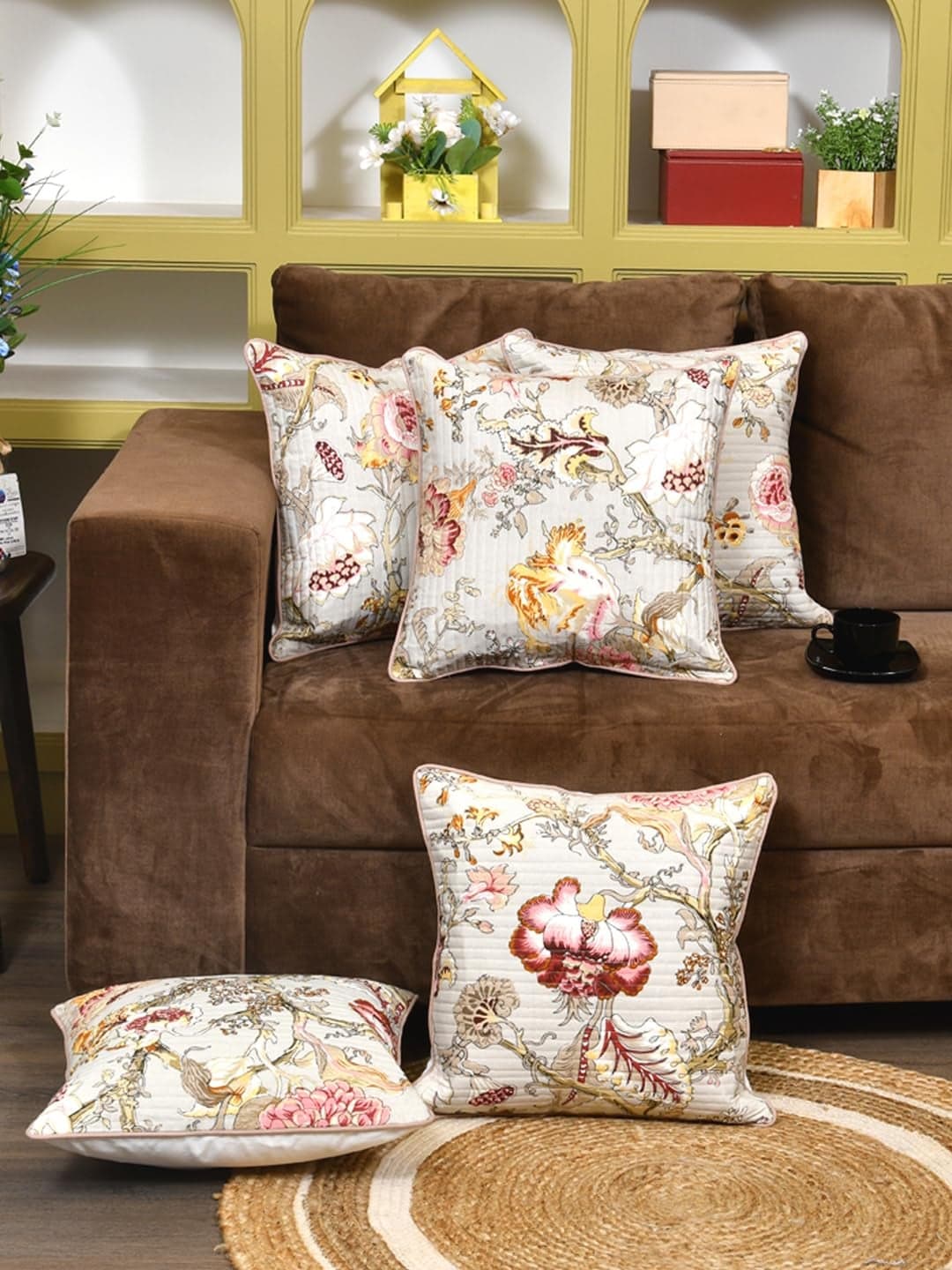 Clasiko Cotton 300 TC Cushion Covers Set of 5; 16X16 Inches; Multicolor Flowers On Beige