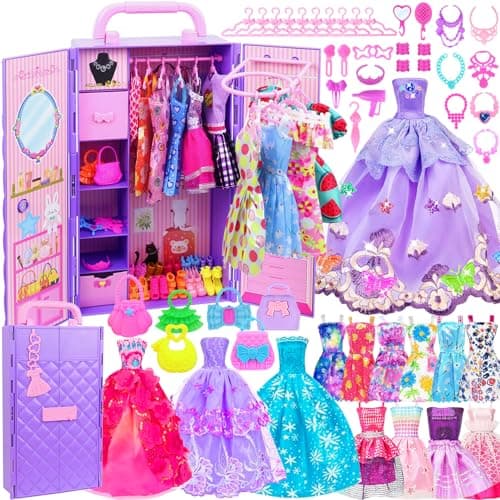 Ecore Fun 108 Pcs Doll Clothes and Accessories with Purple Doll Closet for 115 Inch Dolls Including Party Dresses Fashion Dress Outfits Swimsuits Shoes Hangers Bags Necklaces