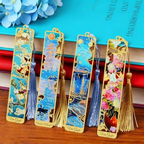 Kinsound Metal Bookmarks with Tassel, Golden Van Gogh Monet Oil Painting Theme Cute Hollow Book Markers for Reading Women, Teachers, Students, Reading Accessories Gifts for Book Lovers (Style B(4PCS))