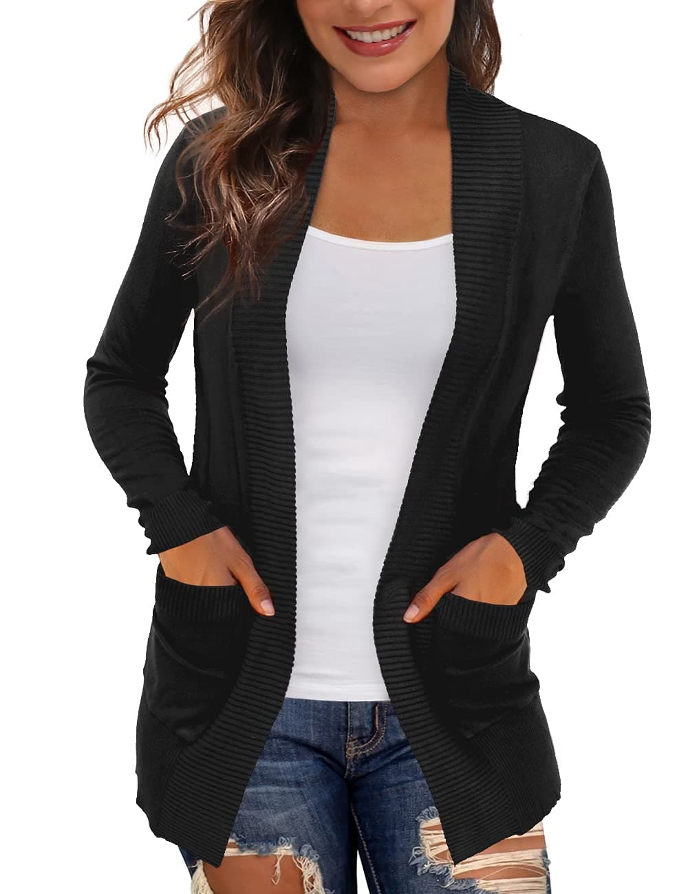 REDHOTYPE Womens Cardigans with Pockets Lightweight Open Front Black Cardigan for Women, L