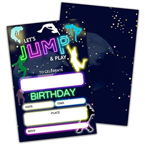NYCTUG Let's Jump & Play Theme Birthday Invitation(4" X 6"), Bounce House, Trampoline Birthday Double-Sided Party Invites- 20 Invitations With Envelopes-Party Supplies-A08