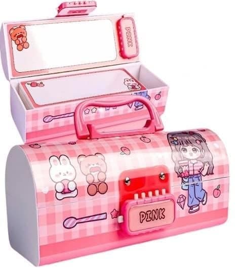 Parshya Plastic Pen & Pencil Box-Suitcase Style Password Lock Pencil Case,Multi-Layer Pencil Box for Kids, Boys, Girls, Stationary Organizer Case for Kids, (Pink-Beauty)