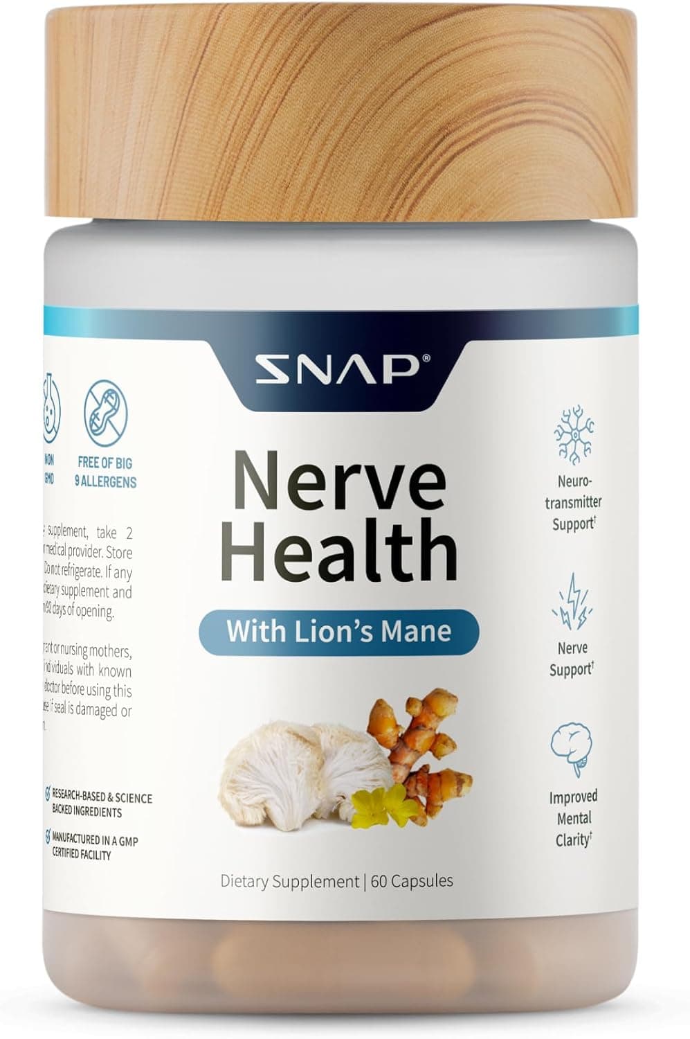 Nerve Health Support Supplement with Lions Mane Improved Mental Clarity Memory Focus Healthy Nerve Support Formula Neuro Enhancer Organic Turmeric Other Herbs Vitamins 60 Capsules