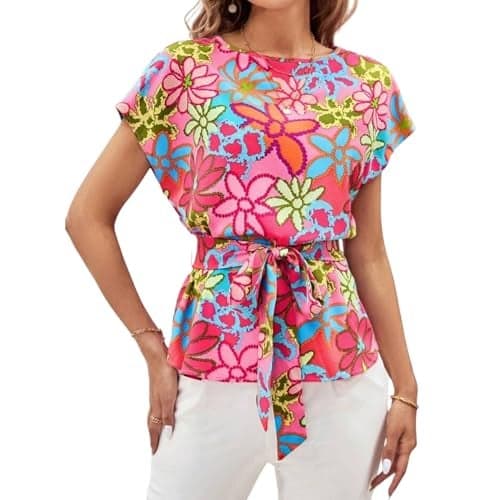 Gufrina Women Western Top with Floral Printed Design in Multicolor Fabric, Relaxed Fit, Short Sleeves, and Waist Tie-Up (Pink S)