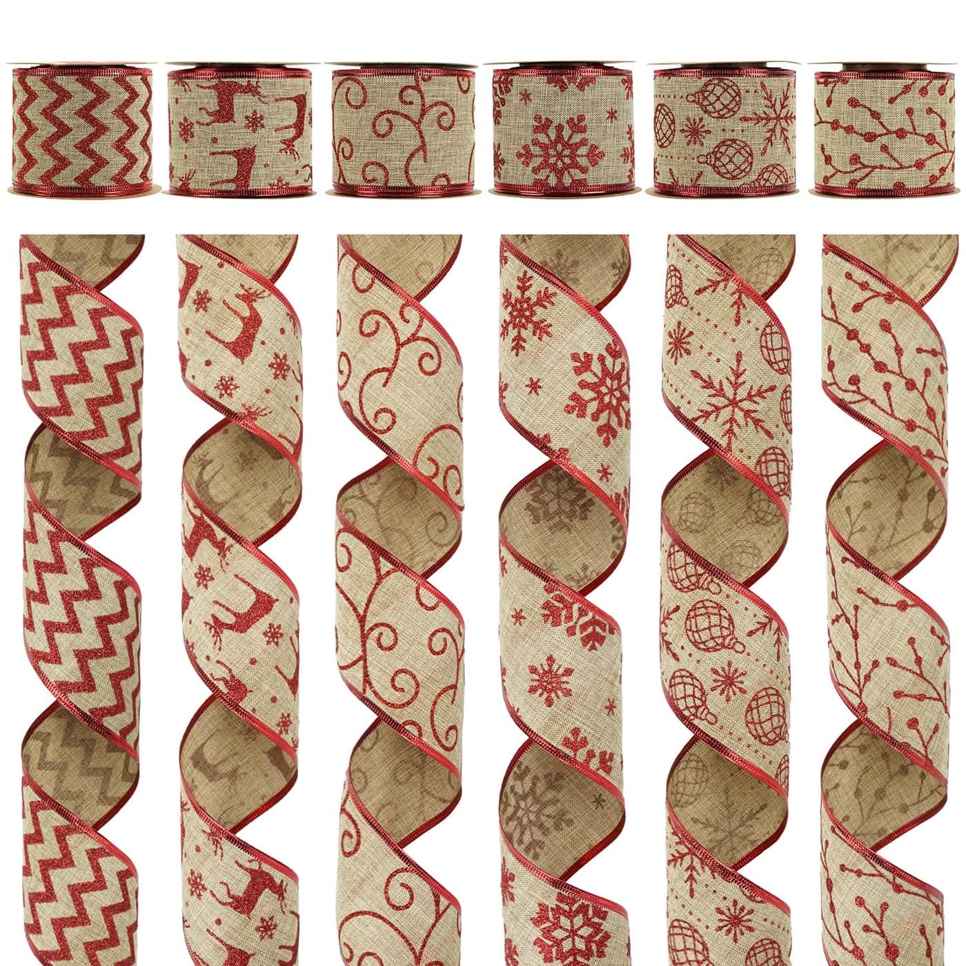 MEEDEE Christmas Ribbon Set Wired Burlap 25 Inch 6 Rolls 36 Yards Red Glitter for Tree Garland Wreaths Tree Topper Bow Making