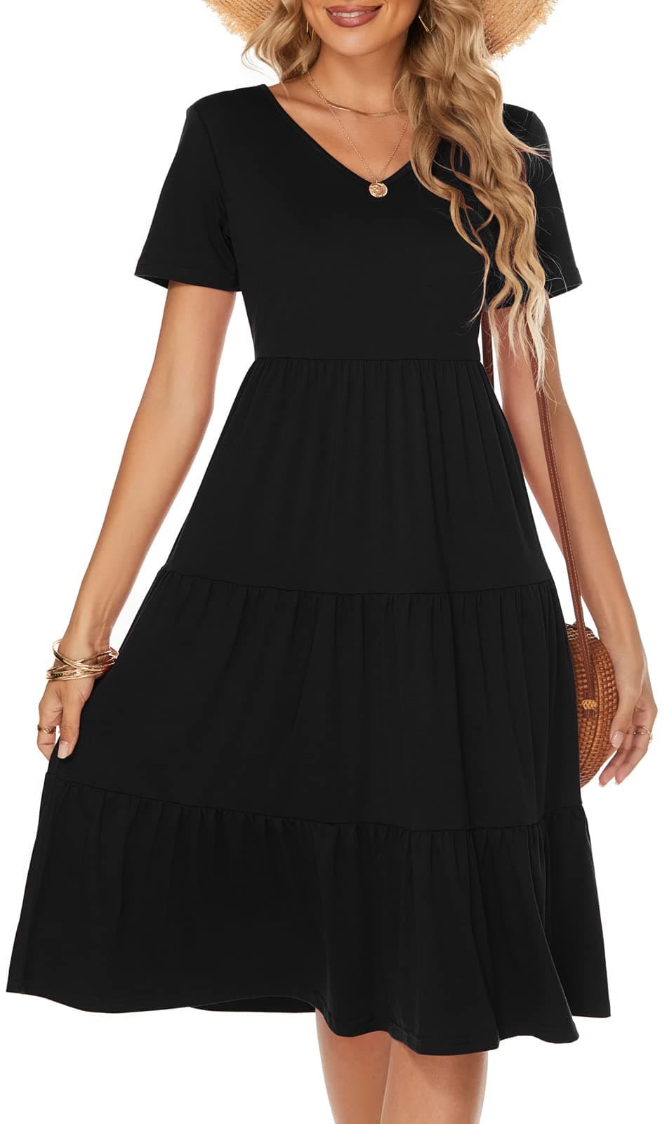 Berydress Summer Dresses for Women 2025 Beach Boho Casual Midi Dress Ruffle Babydoll Tiered Dress Short Sleeve Long Sundress (XL, 6175-Black)