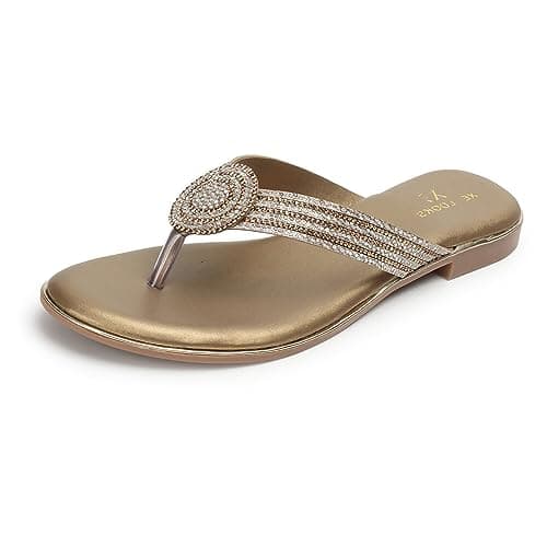 XE Looks Women's Copper Metallic Thong Flat Slipper | Embellished with Crystal Beads | Comfortable Slip-On Design Flat Slippers For Girls & Women