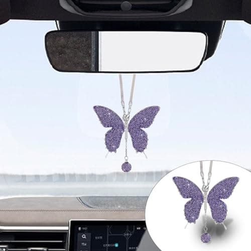 Bling Butterfly Diamond Car Hanging Accessories, Crystal Butterfly Rear View Mirror Luck Car Decoration Accessories for Women, Valentine's Day Presents Ornament Pendant for All Cars (Purple)
